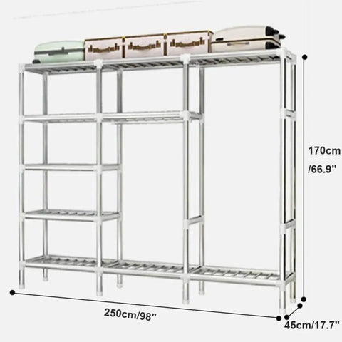 Rock Solid Portable Closet Organizer With 25 Mm Steel Pipes Hella Spacious Wardrobe Rack showcasing steel frame and multiple shelves.
