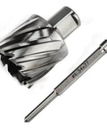 Oscarbide annular cutter with 3/4 in Weldon shank, 1-9/16 in diameter, steel finish, front view