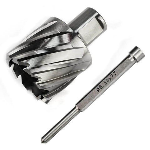 Oscarbide annular cutter with 3/4 in Weldon shank, 1-9/16 in diameter, steel finish, front view