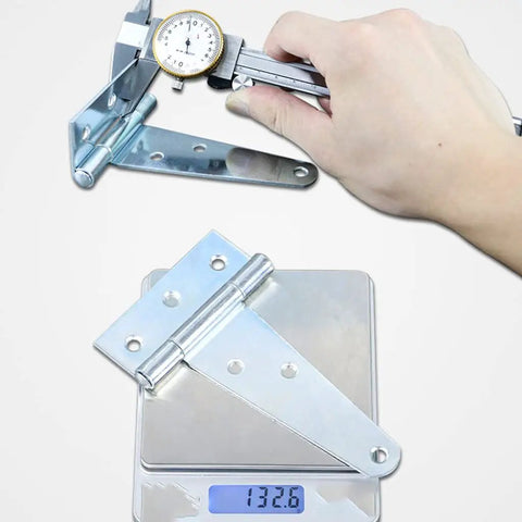 Heavy Duty 4 Inch T Shaped Industrial Packing Box Hinges Set Of 10 Galvanized Iron measured with caliper and on scale
