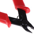 Close-up of Pro Grade Flush Cutter Wire Cutters With Anti Slip Handles, 5 inch, red handles, ideal for electronics and jewelry making.