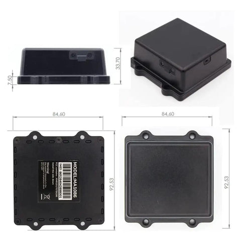 Premium GPS Vehicle And Asset Tracker Featuring Rock Solid Magnetic Mount, waterproof rugged black case, dimensions 84.60mm x 92.53mm.