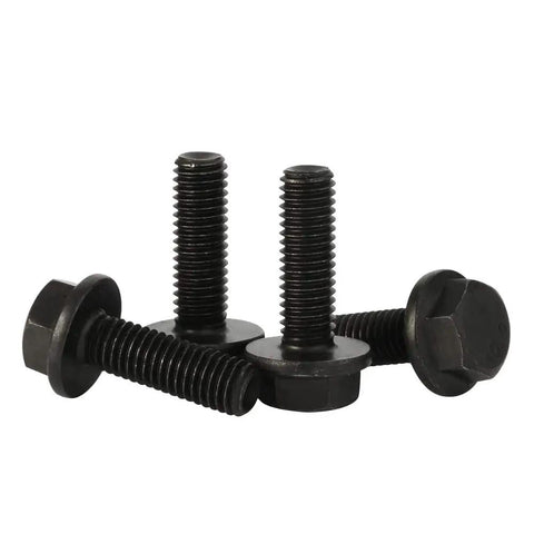 Top Tier M6x30mm Flanged Hex Bolt Set, Class 10.9 Alloy Steel Construction, Black Oxide Anti Rust Finish, 20 Piece Pack, shown in close-up.