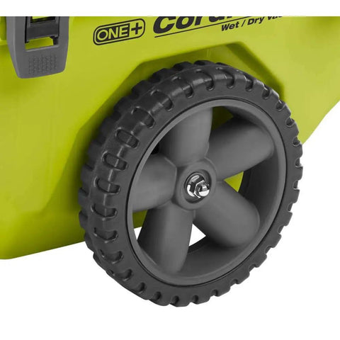 Close-up of wheel on 18V Cordless Wet Dry Vacuum 6 Gallon Tool Only Battery Not Included One Plus Compatible Non Retail Packaging