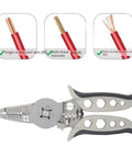 Professional Grade Electrical Wire Stripper And Crimping Pliers Combo Tool showing cutting blades for single and multi-strand wire.