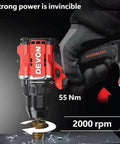 Badass Cordless Impact Drill 20V Brushless Motor 55Nm Torque Dual Speed Control 10Mm Keyless Chuck Comes Loaded With Two 5.0Ah Batteries For No Sweat Builds showing 55Nm torque drilling into metal.