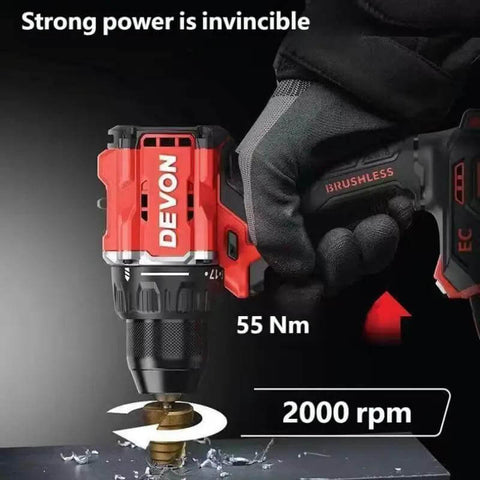Badass Cordless Impact Drill 20V Brushless Motor 55Nm Torque Dual Speed Control 10Mm Keyless Chuck Comes Loaded With Two 5.0Ah Batteries For No Sweat Builds showing 55Nm torque drilling into metal.
