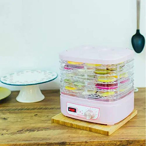 Smooth Operator Electric Food Dehydrator Machine With Five Adjustable Trays And Digital Timer, pink with dried fruits.