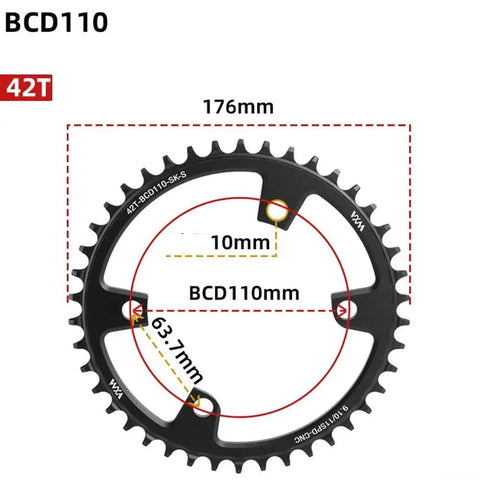 42T 110BCD 4 Bolt CNC Aluminum Narrow Wide Chainring For Road Bike Single Chainring Sprocket with labeled dimensions
