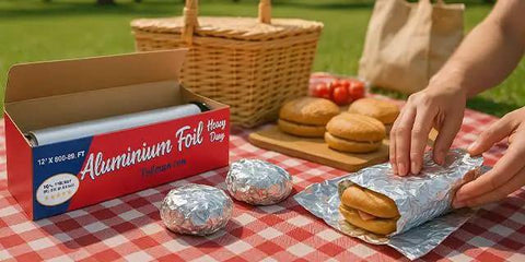 Heavy Duty Aluminum Foil Roll With Sturdy Corrugated Cutter Box for picnic wrapping, 12 Inch by 300 Square Feet, burgers wrapped, outdoor use.