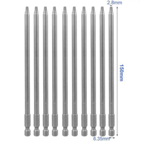 Ten Piece Square Drive Bit Set With One Quarter Inch Shank Magnetic SQ2 Square Head Bits Five Point Nine Inch Length Heavy Duty