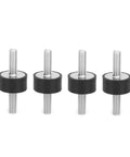 Four M6 Rubber Mounts for vibration dampening in cars, boats, engines, and pumps, 4 pack shown in a straight line.