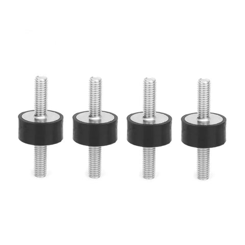 Four M6 Rubber Mounts for vibration dampening in cars, boats, engines, and pumps, 4 pack shown in a straight line.