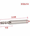 End mill cutter with square nose and straight 1/4 in shank; 5/32 in cutting diameter, 2-3/8 in length.