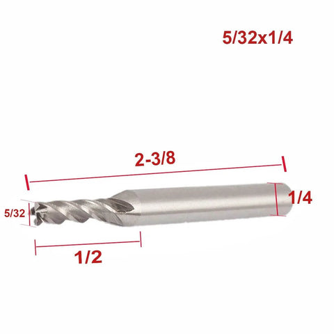 End mill cutter with square nose and straight 1/4 in shank; 5/32 in cutting diameter, 2-3/8 in length.