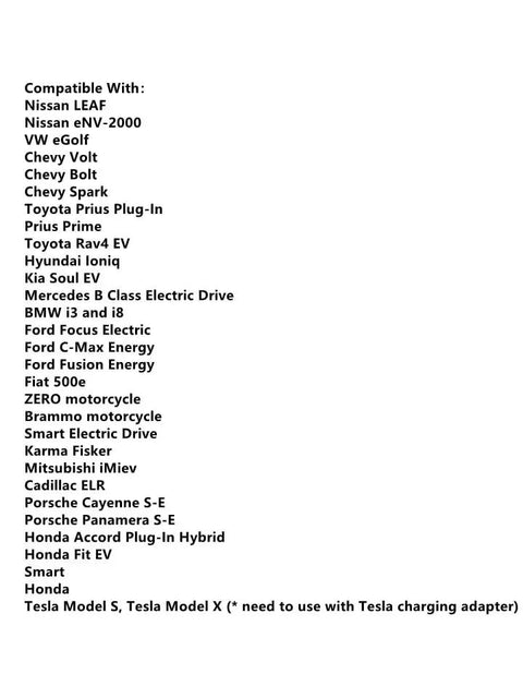 List of compatible vehicles for Premium Grade Type One To Gbt Ev Charging Adapter Sae J1772 To China Standard Connector 32A 7.2Kw.