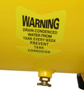 Warning label on Ultra Quiet 3.5HP Portable Oil Lubricated Air Compressor tank for water drainage instructions.