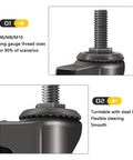 Close-up of Heavy Duty Silent Rubber Swivel Casters with M6, M8, M10 threads for smooth rolling and flexible steering.