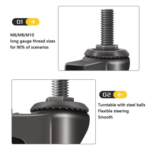 Close-up of Heavy Duty Silent Rubber Swivel Casters with M6, M8, M10 threads for smooth rolling and flexible steering.
