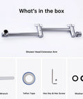 13 Inch Shower Head Extension Arm With Solid Brass Construction, Height And Angle Adjustable, shown with included parts