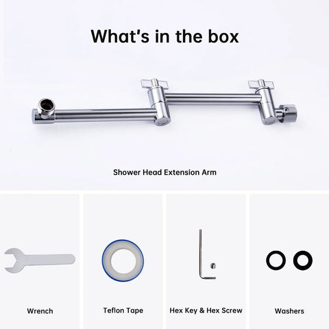 13 Inch Shower Head Extension Arm With Solid Brass Construction, Height And Angle Adjustable, shown with included parts