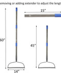 5 Ft Metal Lawn Rake With Level Head And 14 Tough Tines Stainless Steel Handle with adjustable length feature
