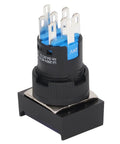 Thinking Process: black and blue 24V push button switch with 6 metal terminals, industrial relay control