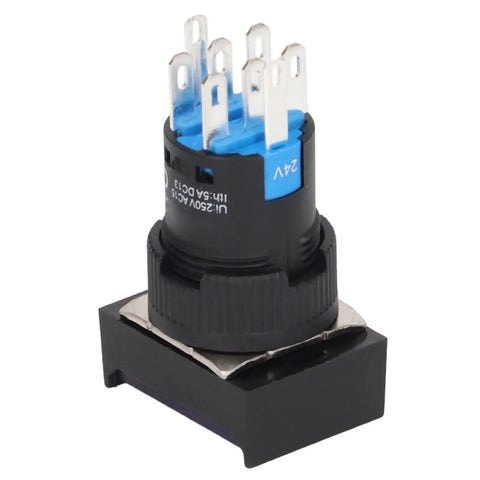Thinking Process: black and blue 24V push button switch with 6 metal terminals, industrial relay control