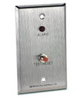 Rock Solid Fire Alarm Remote Led Upgrade Paired With Butter Smooth Push Button Test Reset Module For DH 100 P Control Panels close-up of stainless steel switch with red test/reset button.