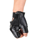 Mens Black Steampunk Fingerless Gloves Premium PU Leather Half Finger Biker Gear shown on hand from side angle.