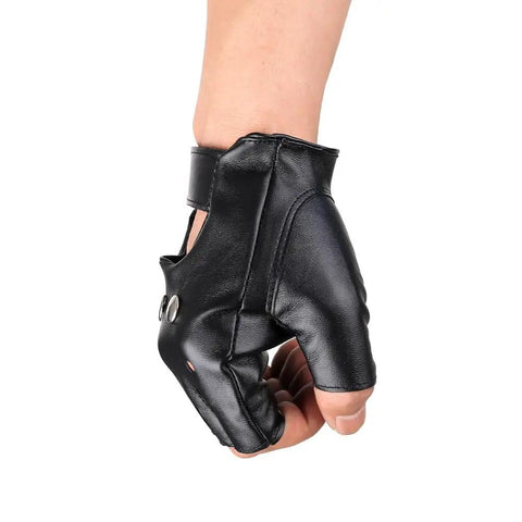 Mens Black Steampunk Fingerless Gloves Premium PU Leather Half Finger Biker Gear shown on hand from side angle.