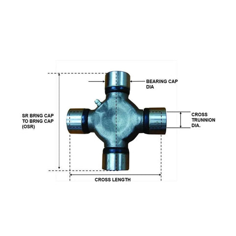 SPL100-1X Universal Joint For Auto Drivetrain, Heavy Duty U-Joint With Precision Cross Bearings, High Strength Replacement For Smooth Power Transfer In Your Daily Driver, Cars And Light Trucks. Diagram showing cross length, bearing cap dia, and trunnion dia.