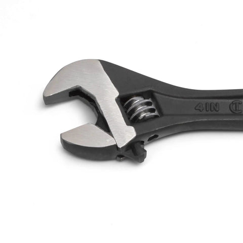 4 Inch Adjustable Black Oxide Wrench Carded Packaging Workhorse Alloy Steel Construction Laser Etched SAE And Metric Scale