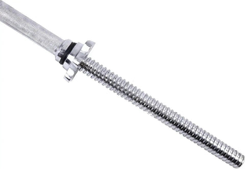 Close-up of chrome knurled bar from Adjustable Barbell and Dumbbell Weight Set With 1 Inch Threaded Chrome Knurled EZ Curl Or Straight Bar Handle For Home Gym Gainz Strength Training 105 Lb Total Includes 72 Inch Bar Plates And Star Lock Collars Gray