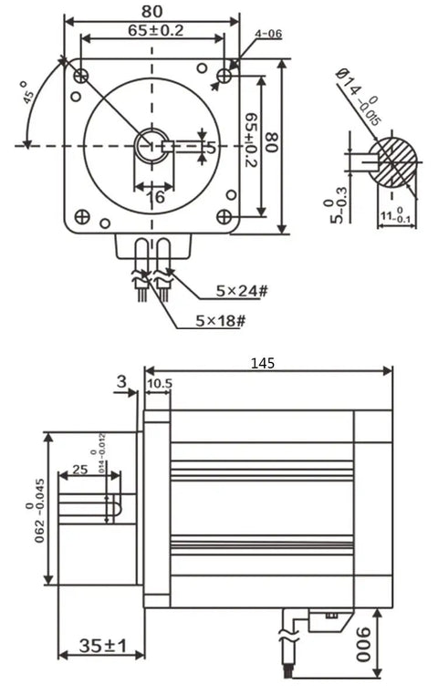Technical drawing of Powerful 24V 750W Brushless DC Motor 3000 RPM with Square Flange 80mm Body Length 145mm Model QW80F2H06N30750