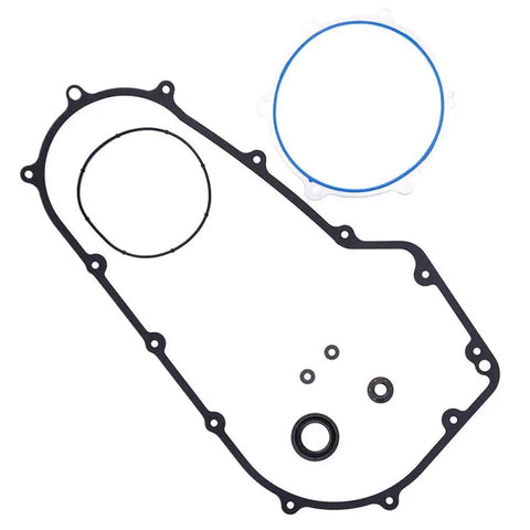 Precision Machined Motorcycle Clutch Primary Cover Gasket Kit Built Tough For Heritage Softail Fat Boy Street Bob FXDL FXDC Breakout with black rubber gaskets.