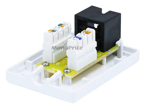 Cat6 RJ45 Surface Mount Wall Box Single Port With Dual IDC Punch Down Blocks UL Listed TAA Compliant White Heavy Duty Shell view with connectors.