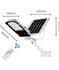 JUDYSSY 30W Solar Street Light, 1800 Lumens High Brightness Led Flood Light with remote and solar panel, dimensions shown.