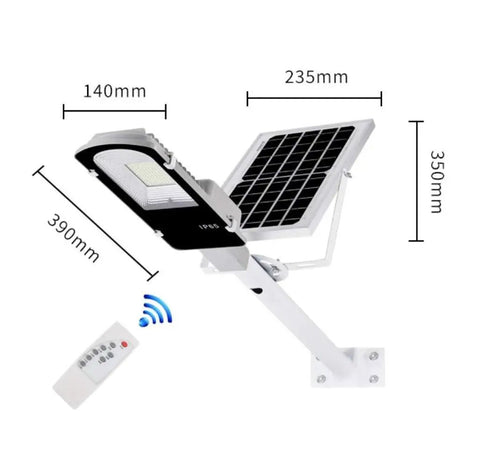 JUDYSSY 30W Solar Street Light, 1800 Lumens High Brightness Led Flood Light with remote and solar panel, dimensions shown.