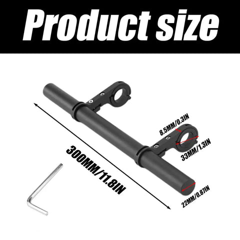 11.8 Inch Aluminum Handlebar Extender for Bikes, Heavy Duty No Nonsense Double Bracket Mount with dimensions and wrench