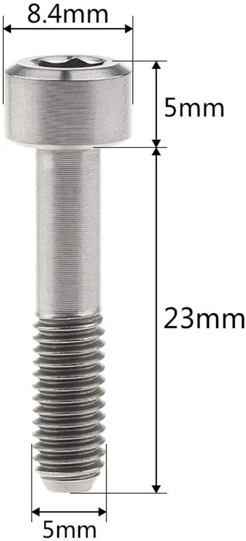 Top Tier Four Piece Titanium Hex Head Bolts For Bike Hardware M5x23mm Socket Cap Screws side view showing dimensions.