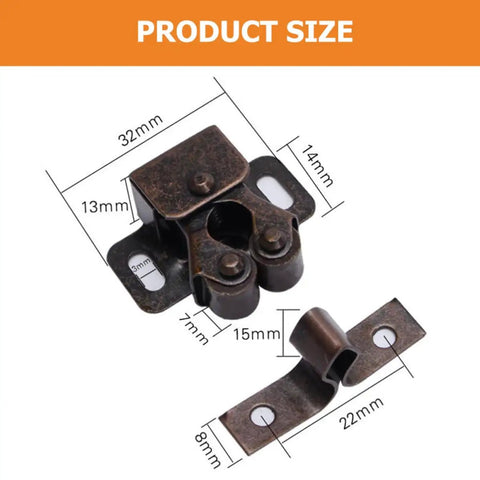 Double Roller Cabinet Latch Set 20 Pack In Coffee Color Made Of Cold Rolled Steel showing product dimensions