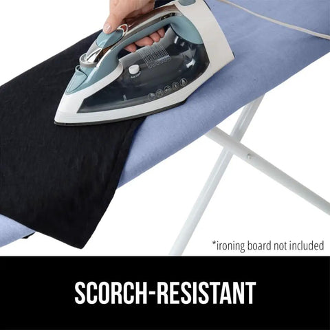 Heavy Duty Ironing Board Cover With Extra Thick Padding Silicone Reflective Surface Heat And Scorch Resistant Up To 400 Degrees Fahrenheit Water And Stain Resistant Hook And Loop Fastener Straps Fits Standard 15x54 Boards Blue with an iron on top