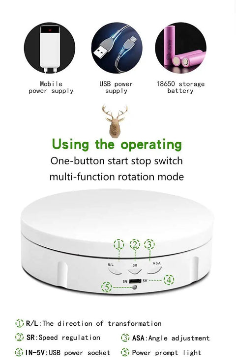 JAYEGT 22lbs Motorized Rotating Turntable Display Stand top view showing control buttons and power supply options in white.