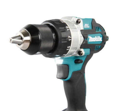 Close-up of Top Shelf 18V Brushless Cordless Combi Drill Featuring Hammer Drilling 13Mm Chuck Two Speed Control And 21 Torque Settings.