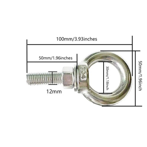 Heavy Duty Built To Last 304 Stainless Steel Shoulder Eye Bolts With Lifting Ring Set Of 2 M12 Eye Bolts 50mm Thread Length Includes Nuts And Flat Washers Multi Function For Indoor And Outdoor Use; detailed dimensions shown