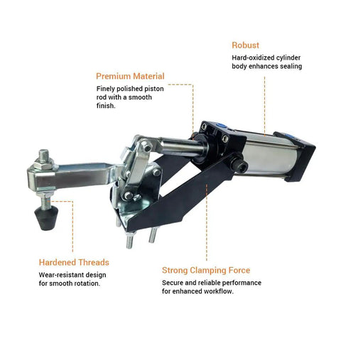 Heavy Duty Pneumatic Hold Down Fixture Built Like A Brick House For Reliable CNC Workholding That Delivers A Rock Solid 750 Pound Grip Each Machine Shift, showcasing robust design with polished piston rod.