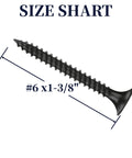 130 Piece Pack Of Number 6 By 1 And 3 Eighths Inch Coarse Thread Drywall Screws With Phillips Flat Countersunk Head A Real Workhorse For Wood Studs And Sheetrock Made From 1022A Phosphated Carbon Steel With Grade 8.8 Hardness For Heavy Duty Mounting shown with size chart