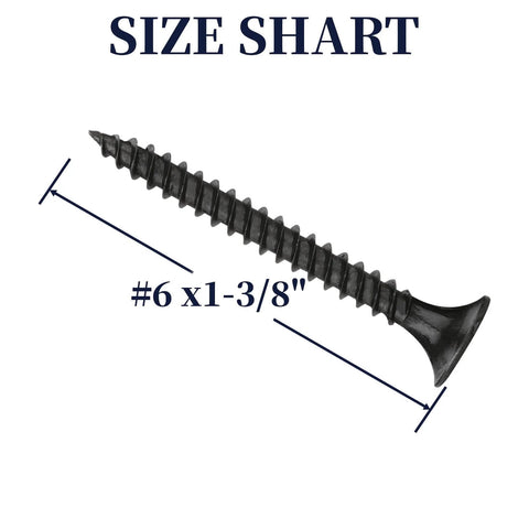 130 Piece Pack Of Number 6 By 1 And 3 Eighths Inch Coarse Thread Drywall Screws With Phillips Flat Countersunk Head A Real Workhorse For Wood Studs And Sheetrock Made From 1022A Phosphated Carbon Steel With Grade 8.8 Hardness For Heavy Duty Mounting shown with size chart