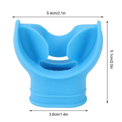 Silicone Mouthpiece For Snorkel And Regulator Replacement, Universal Comfort Bite in blue, soft food-grade silicone, dimensions shown